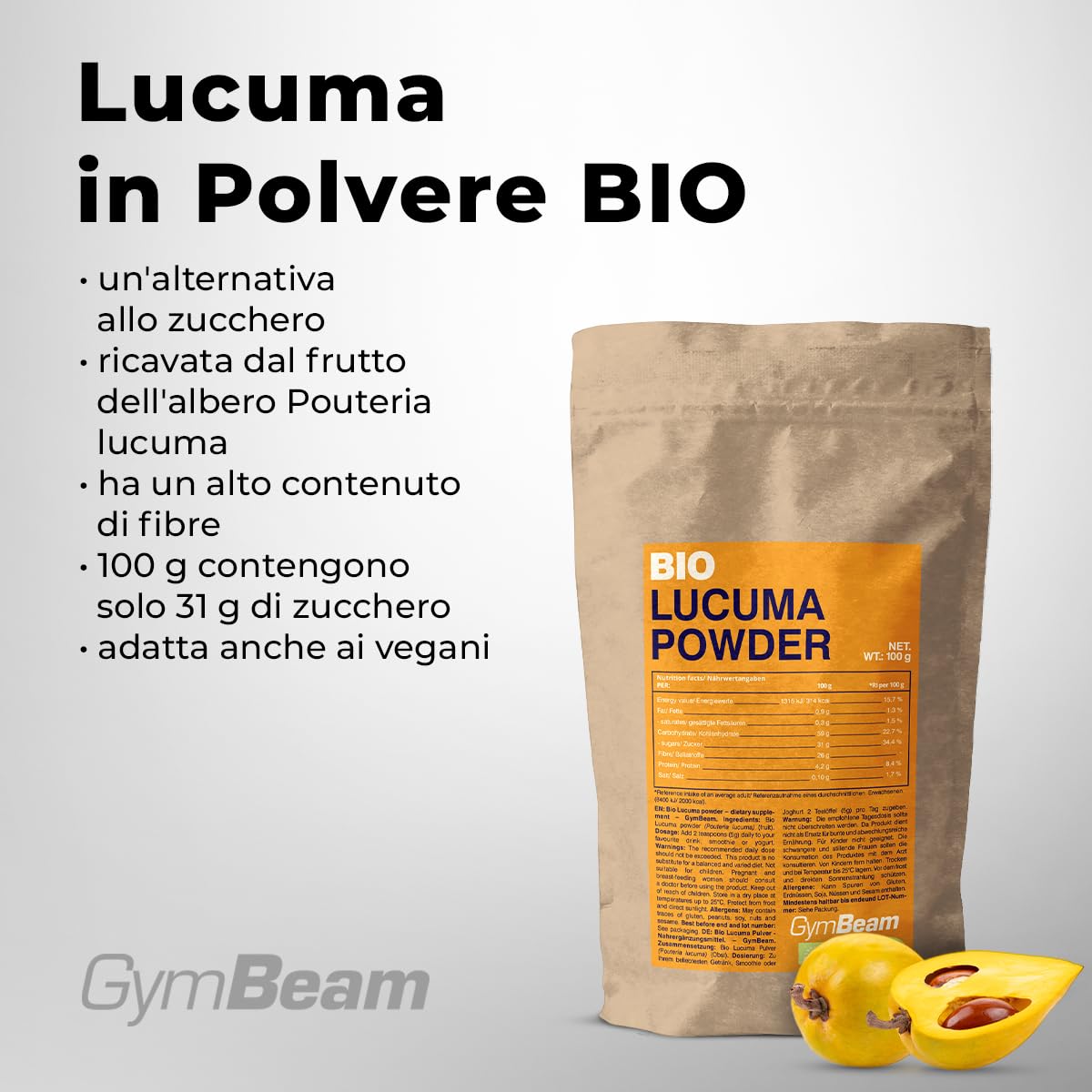GymBeam Lucuma Bio Polvere 100 g Fibre Vegana