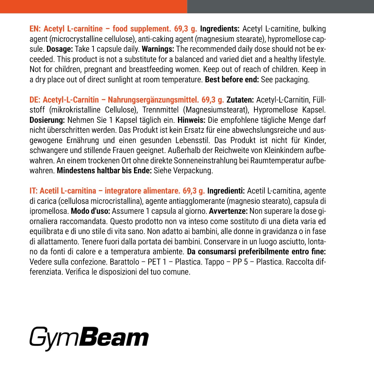 GymBeam Bruciagrassi Acetil L-Carnitina 500 mg Capsule Vegane