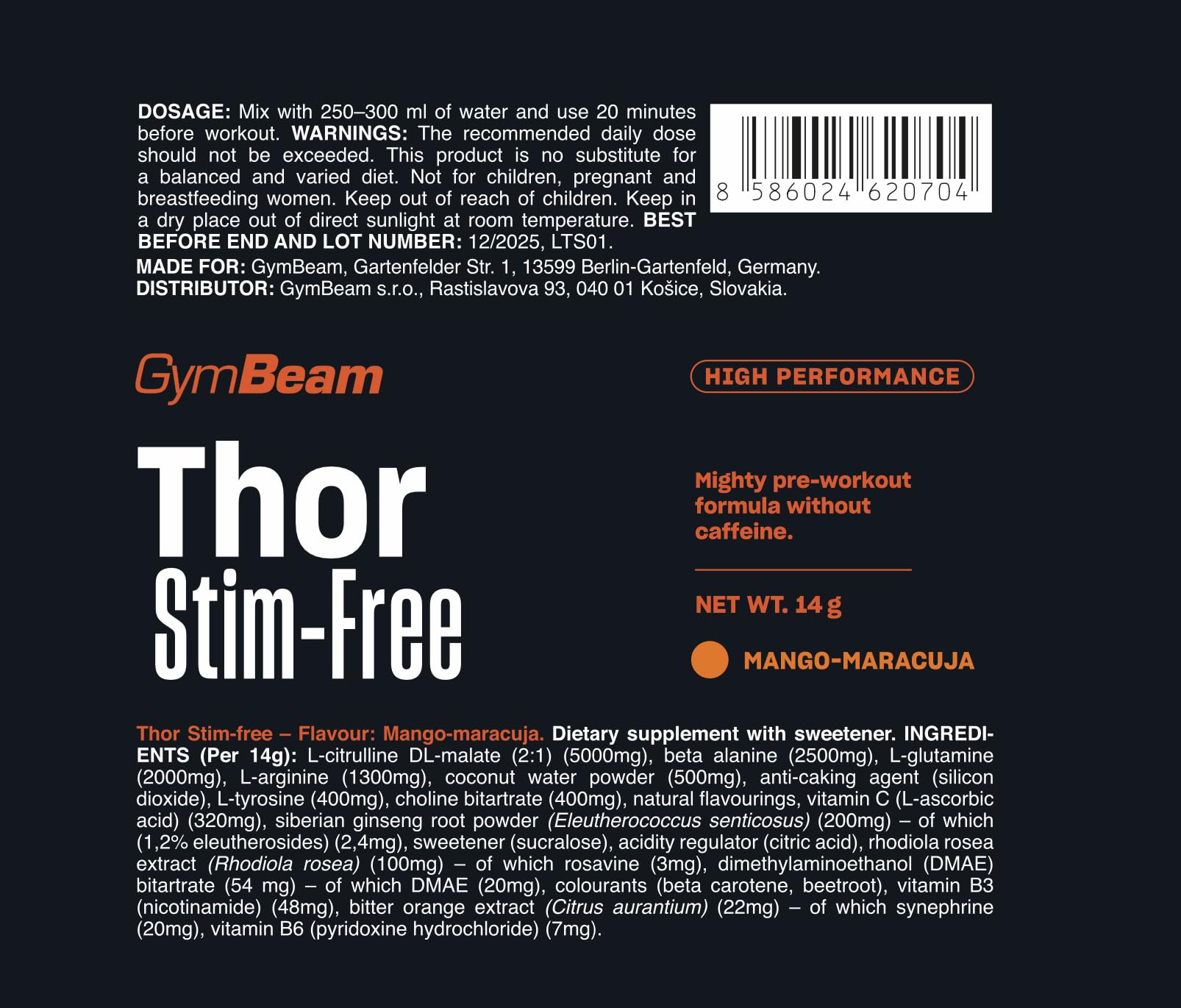 GymBeam Thor Stim-Free Pre Workout 420g Mango-Maracuja