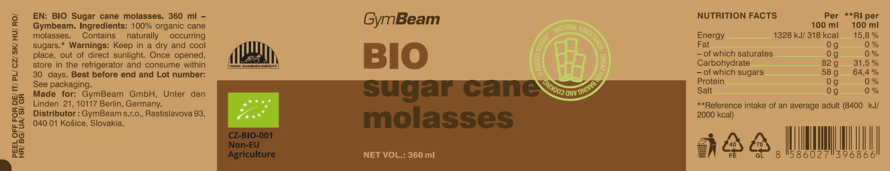 GymBeam Melassa Zucchero di Canna BIO 360 ml Vegana