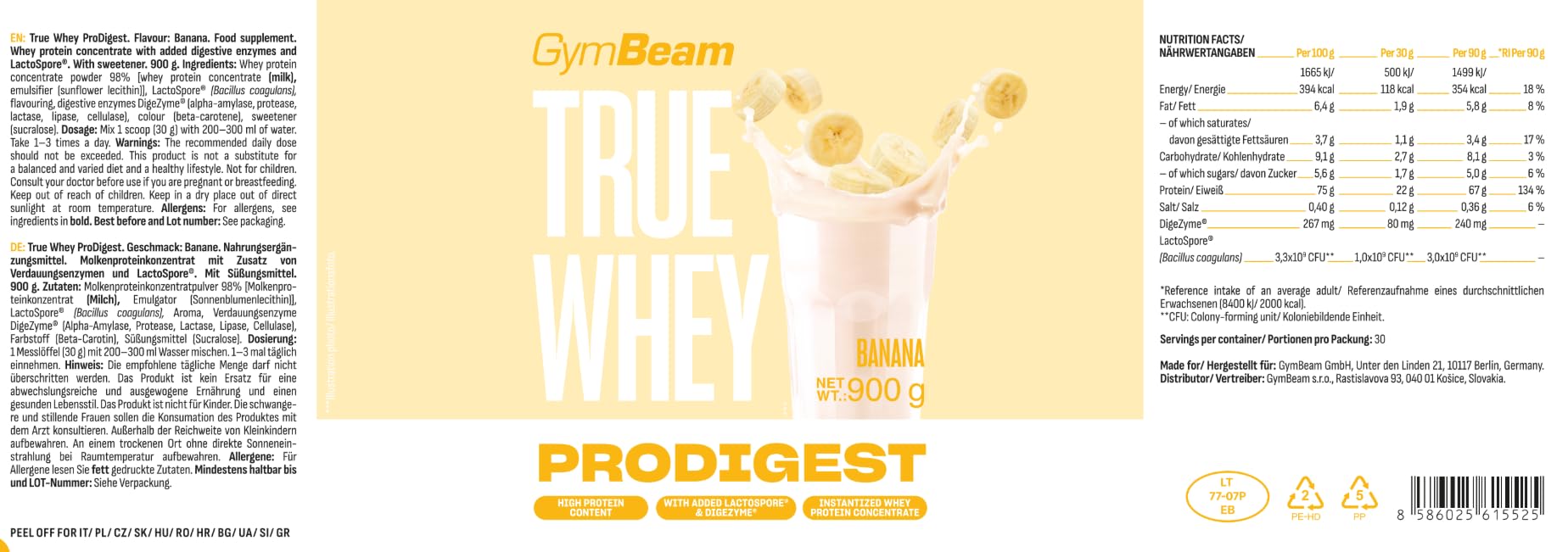 GymBeam True Whey ProDigest proteine banana 900 g muscoli