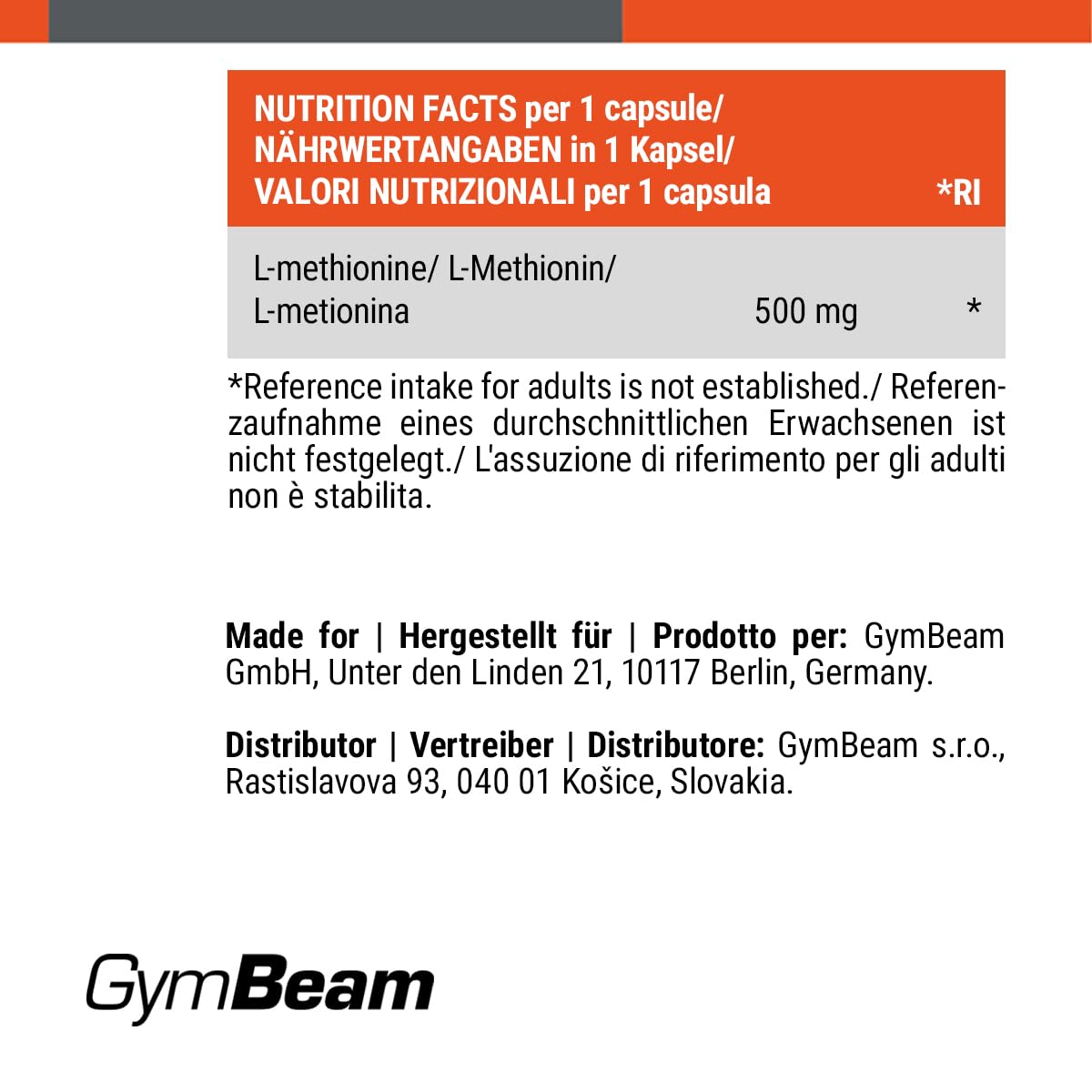 GymBeam L-Metionina 500mg 120 Capsule Aminoacido Creatina Pelle