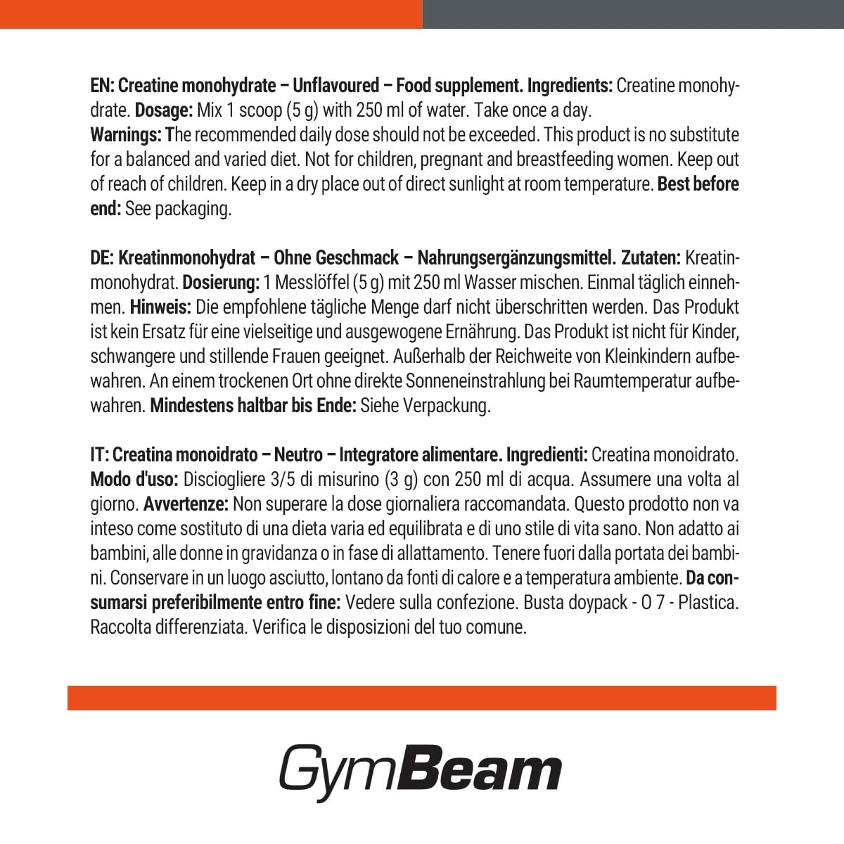 GymBeam Nutrizione Sportiva Creatina Monoidrata polvere 1000g neutra