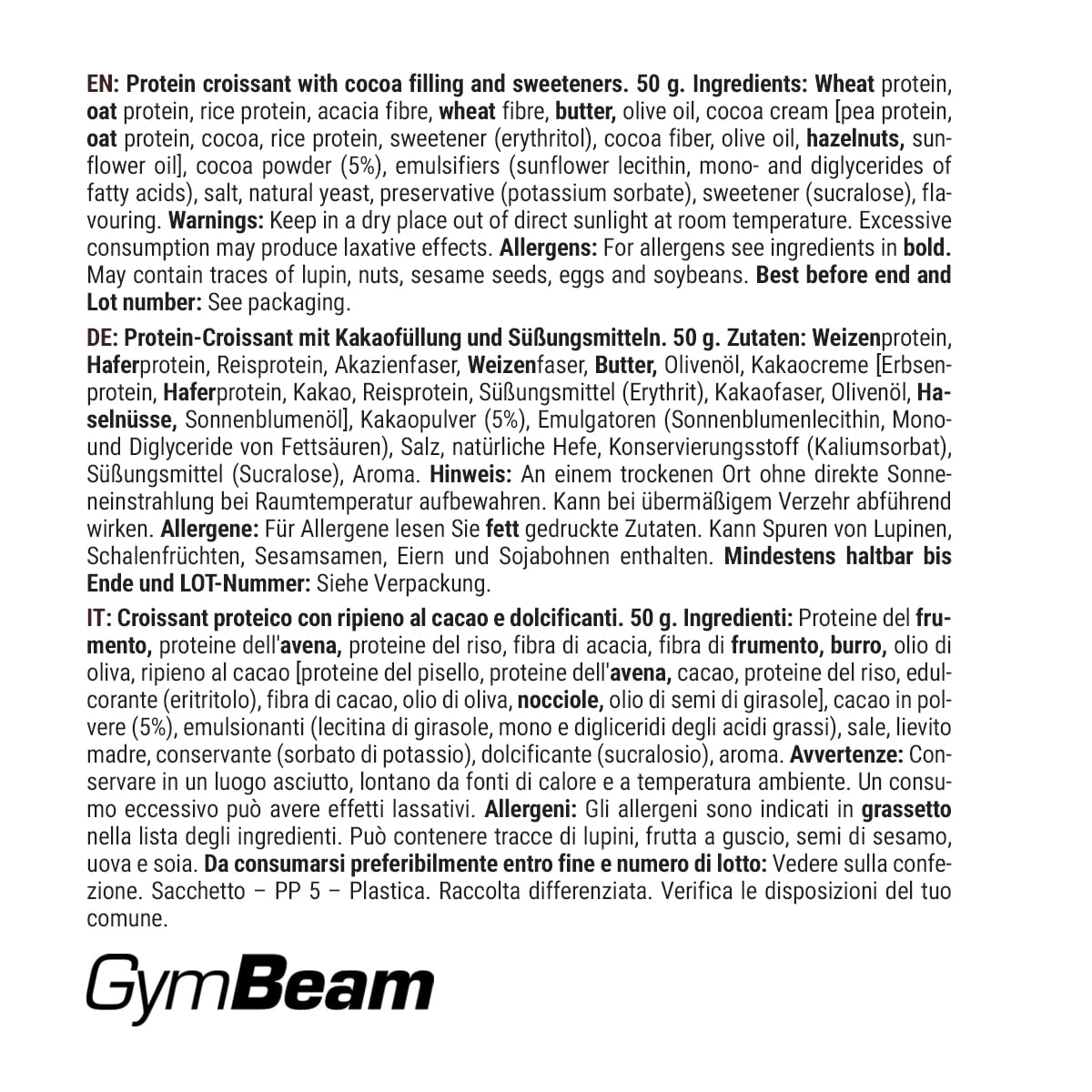 GymBeam Croissant Proteico Cacao 10x50g Senza Glutine Fibre