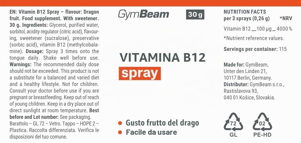 GymBeam Vitamina B12 Spray Dragon Fruit Vegano