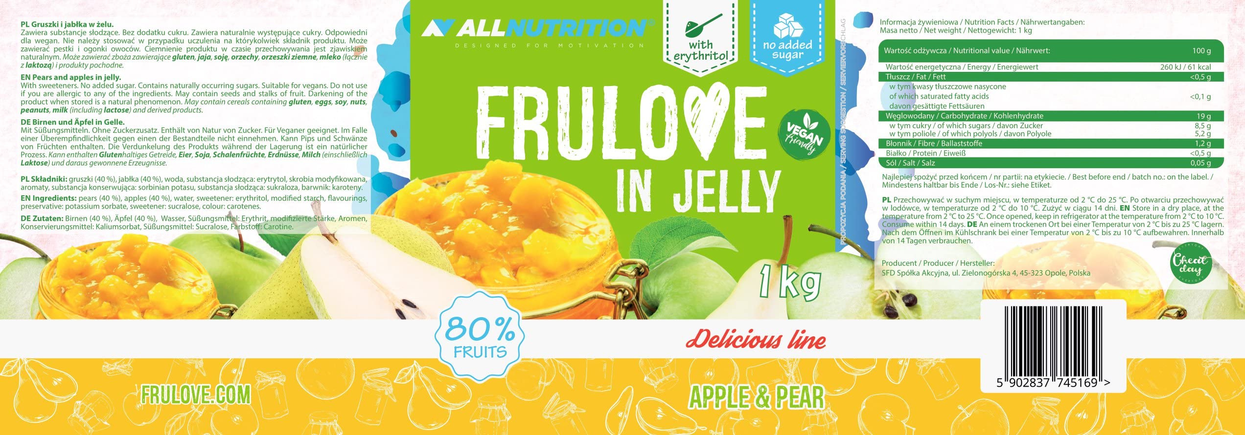 AllNutrition Frulove Marmellata Mela e Pera 1000g Senza Zucchero