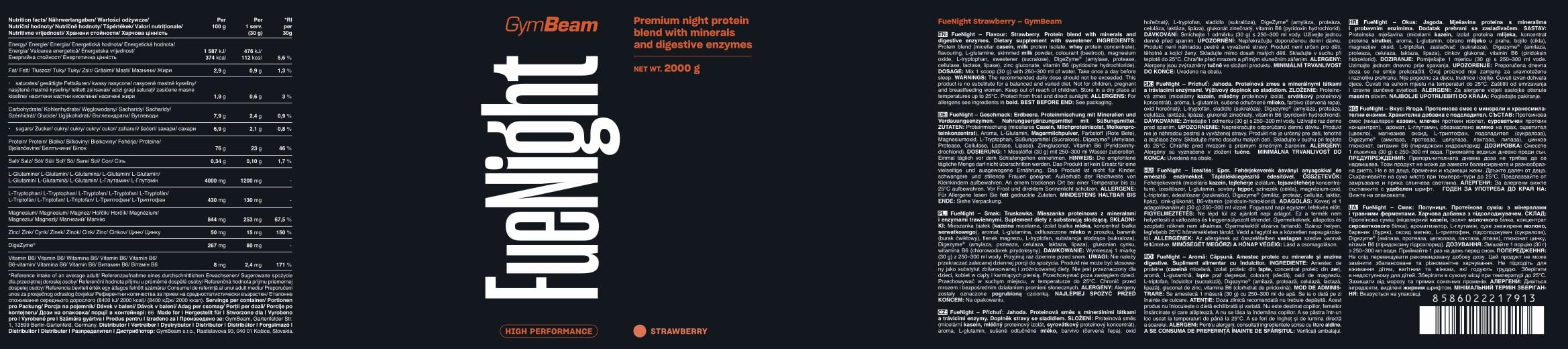 GymBeam FueNight Proteine Notte Fragola 2000g Caseina 77%