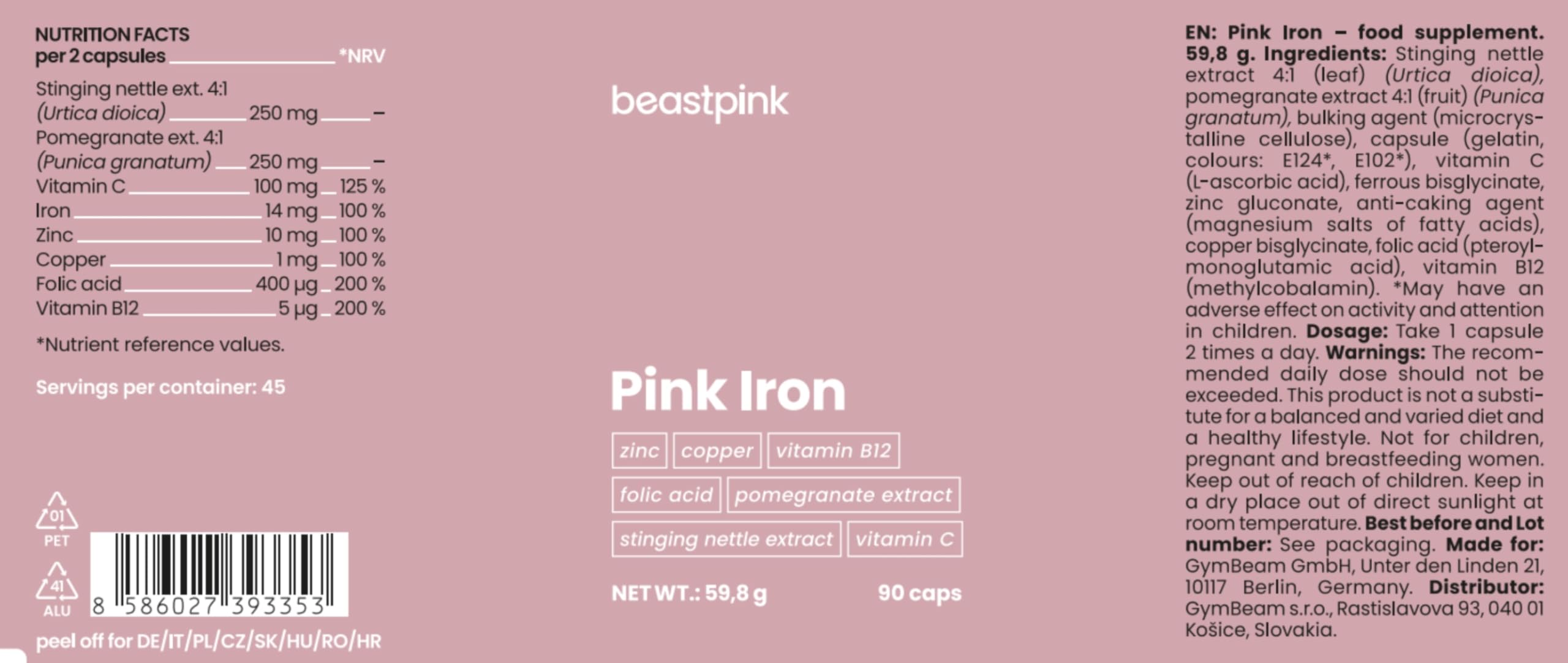 GymBeam Ferro Pink Integratore Donna 90 Capsule Ferro Zinco