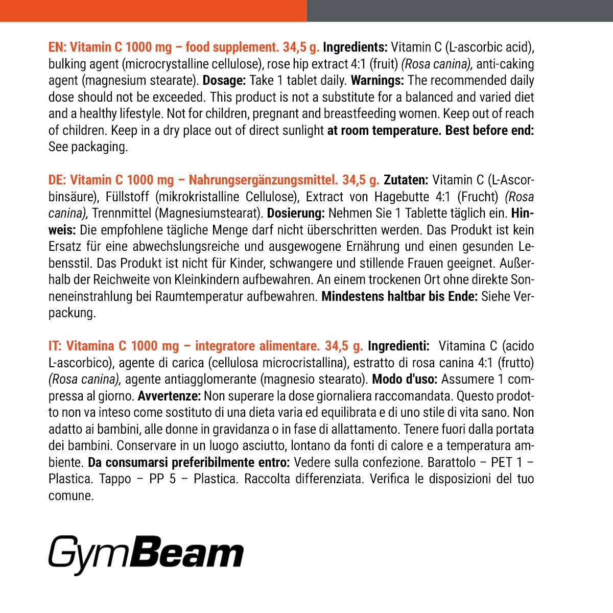 GymBeam Vitamine C 1000mg 30 cpr acido ascorbico immunità