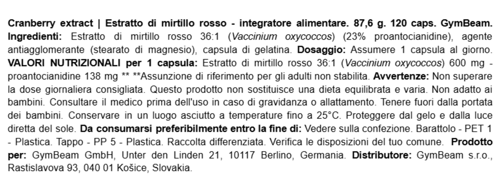 GymBeam Estratto Mirtillo Rosso integratore 120 capsule 23% PAC