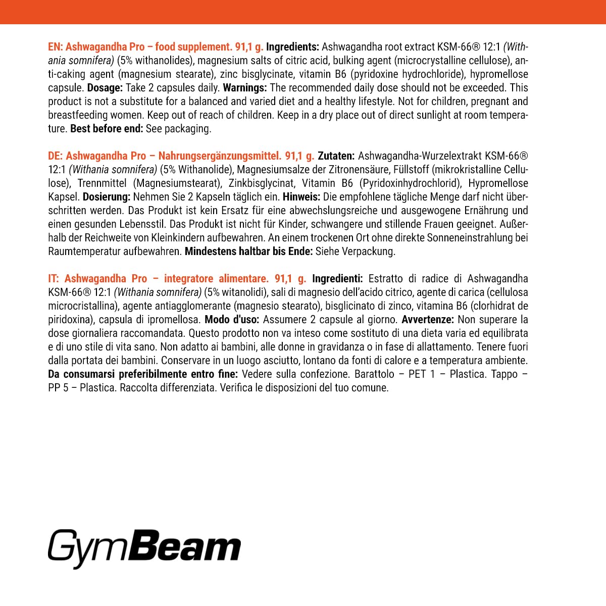 GymBeam Ashwagandha Pro Capsule KSM-66 con Magnesio Zinco