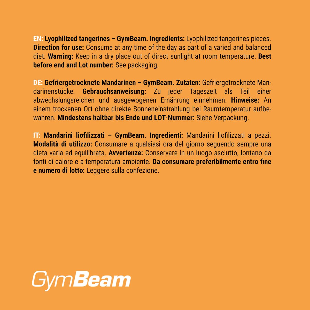 GymBeam Mandarini Liofilizzati Frutta Croccante 100 g Senza Zuccheri