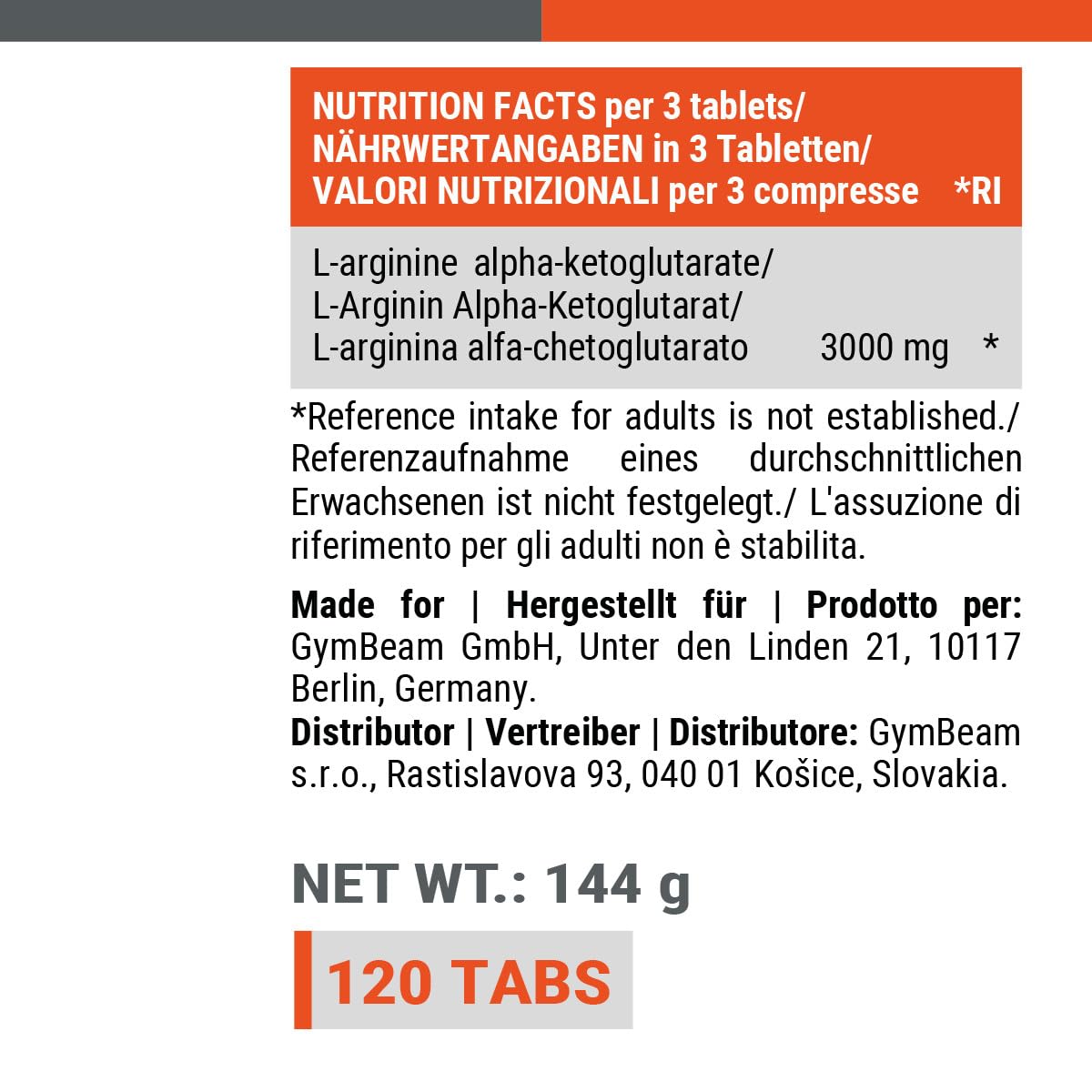 GymBeam Arginina AKG 3000 mg tabs 120 pz muscoli