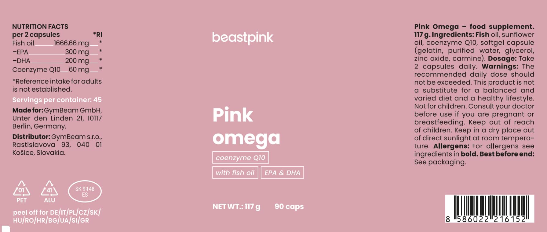 GymBeam Pink Omega 3 Integratore 90 Capsule EPA DHA