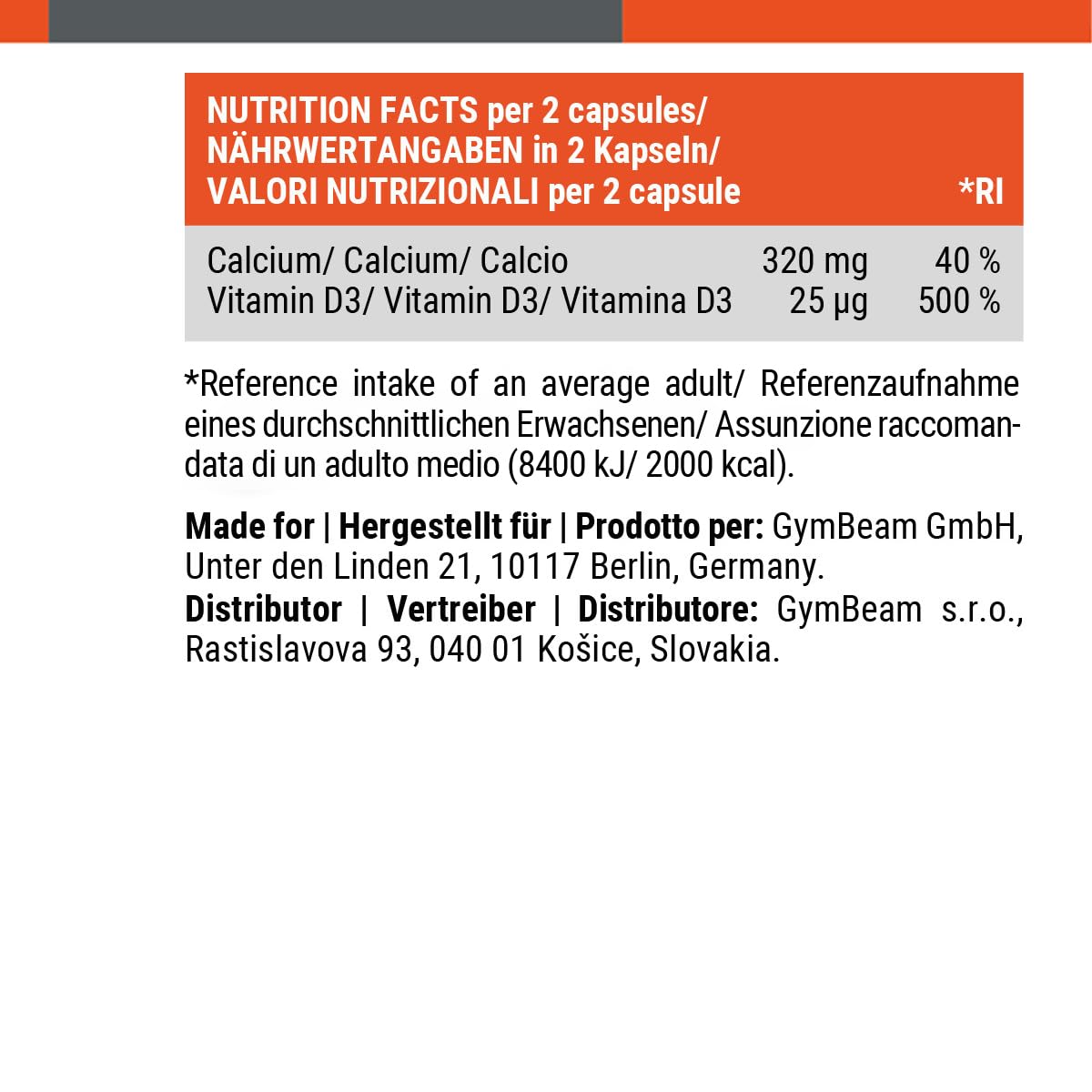 GymBeam Calcio + Vitamina D3 Capsule 320 mg Ossa