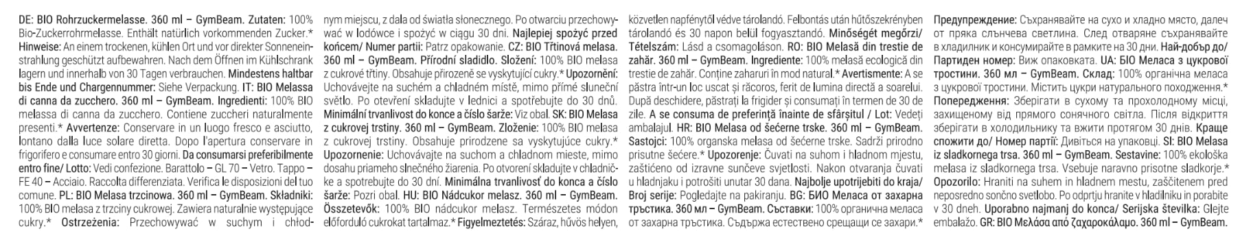 GymBeam Melassa Zucchero di Canna BIO 360 ml Vegana