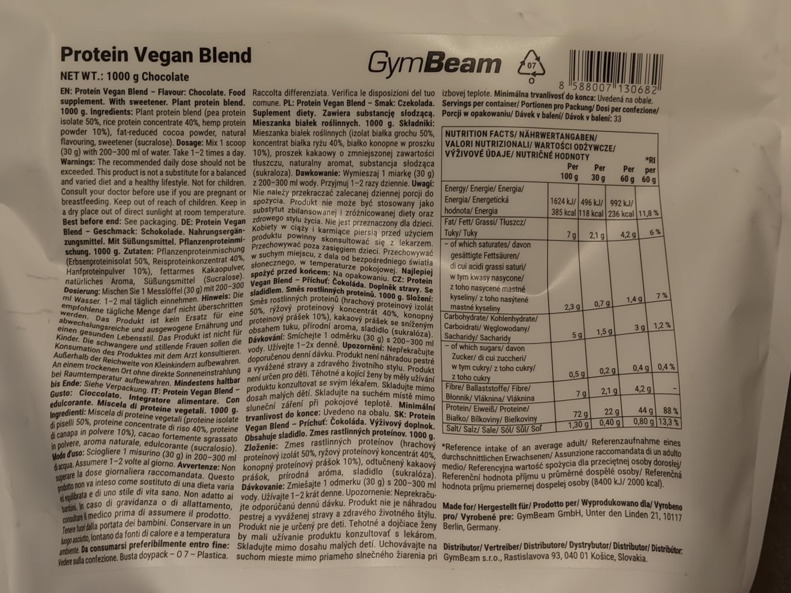 GymBeam Vegan Blend proteine vegane 1000 g cioccolato