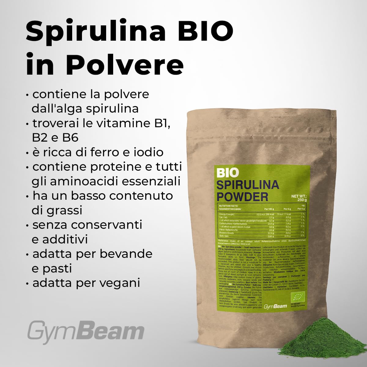 GymBeam Spirulina BIO 250 g Polvere Proteine Ferro