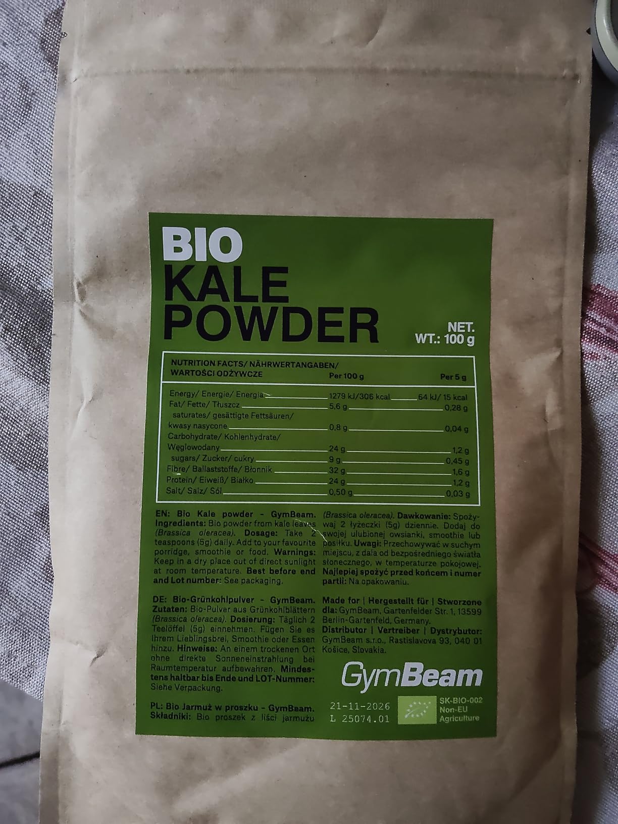GymBeam Cavolo Nero Polvere BIO 100 g Fibre Vegano