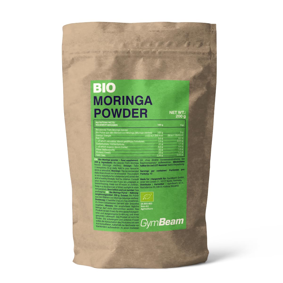 GymBeam Moringa BIO polvere integratore 200g fibre e proteine