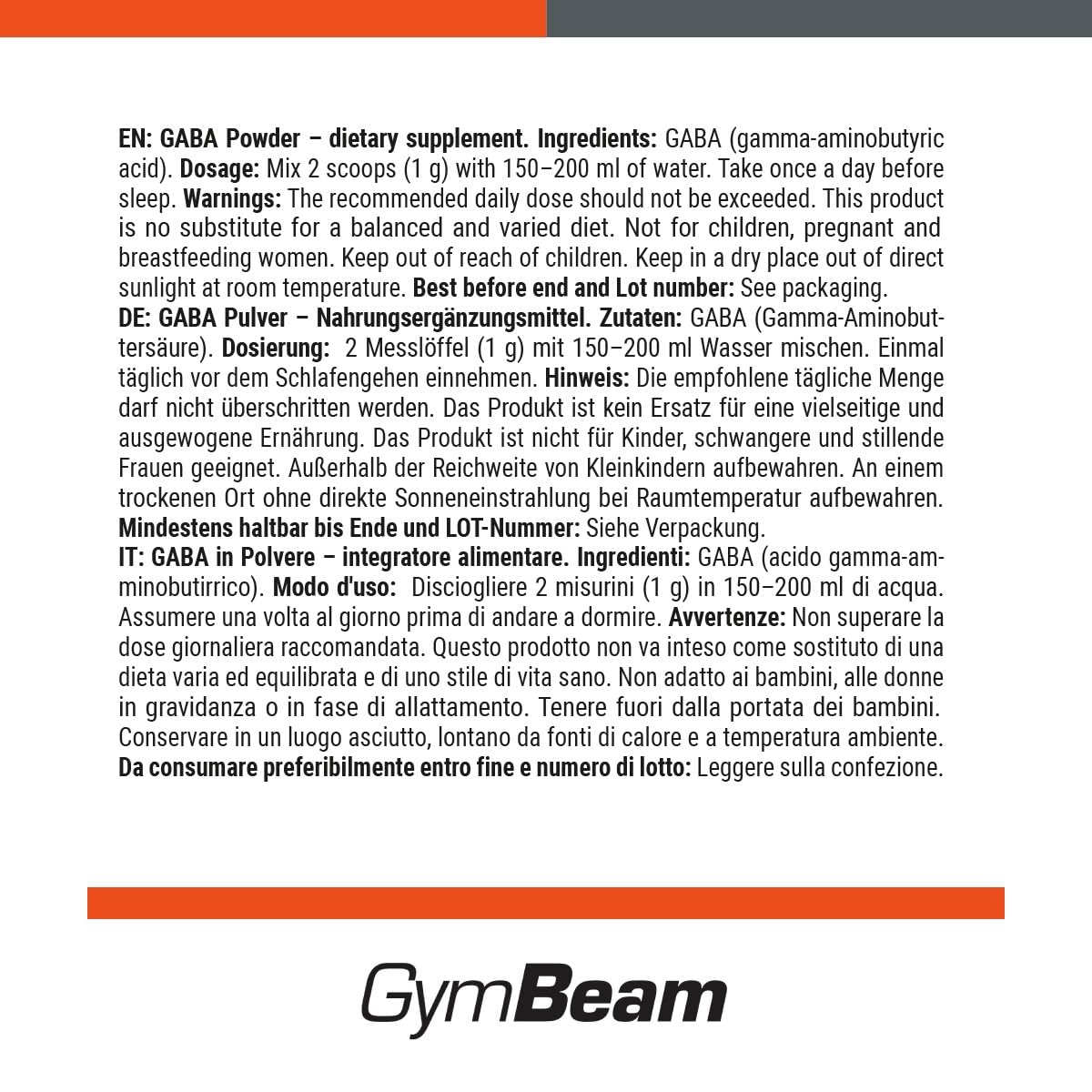 GymBeam GABA Polvere Solubile Rilassamento e Sonno Uso Giornaliero