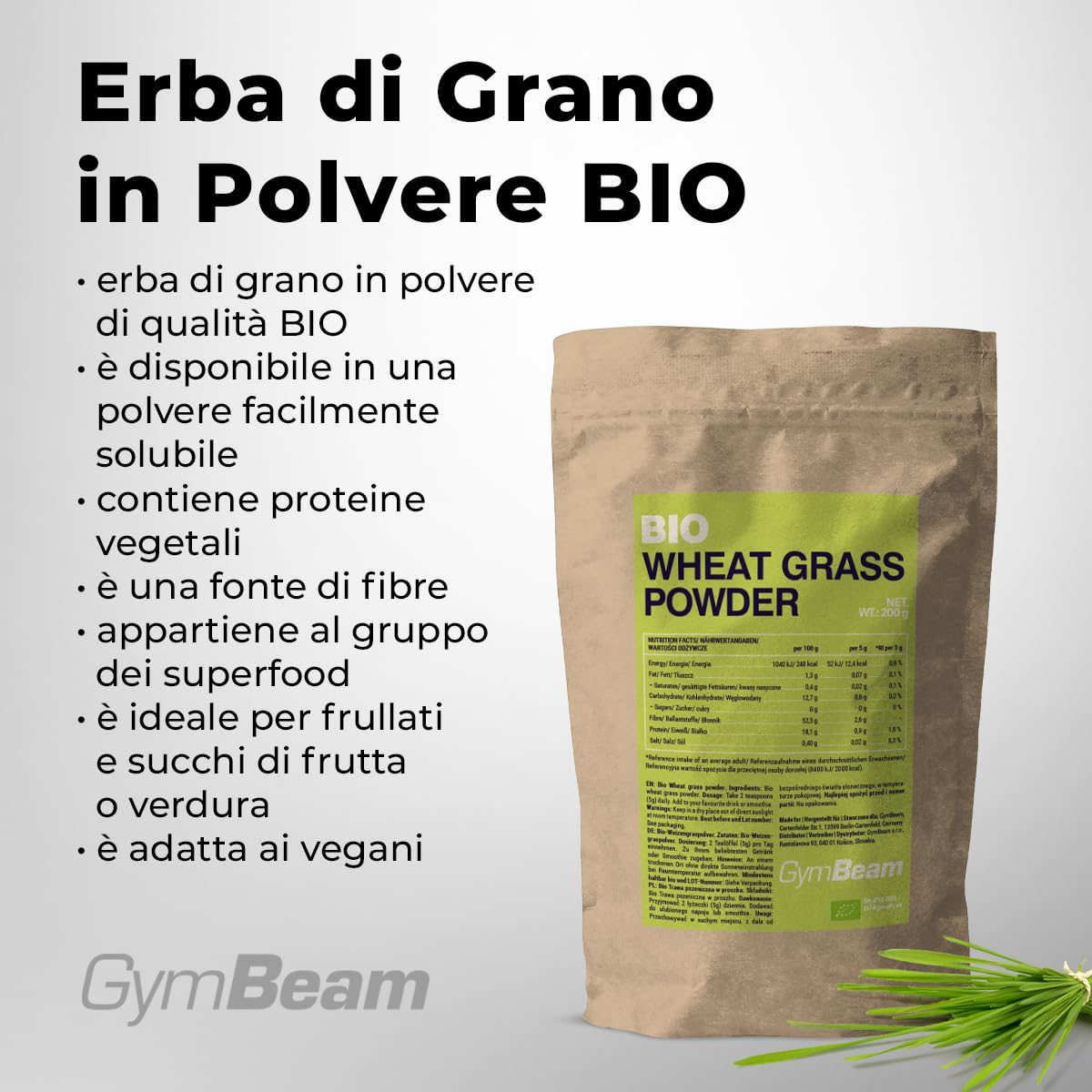 GymBeam Erba di Grano BIO 200g Polvere Vegana Fibre Clorofilla