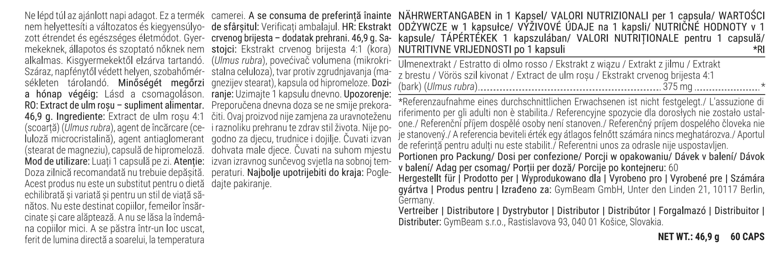 GymBeam Olmo Rosso 4:1 Integratore 60 Capsule Vegano Digestione