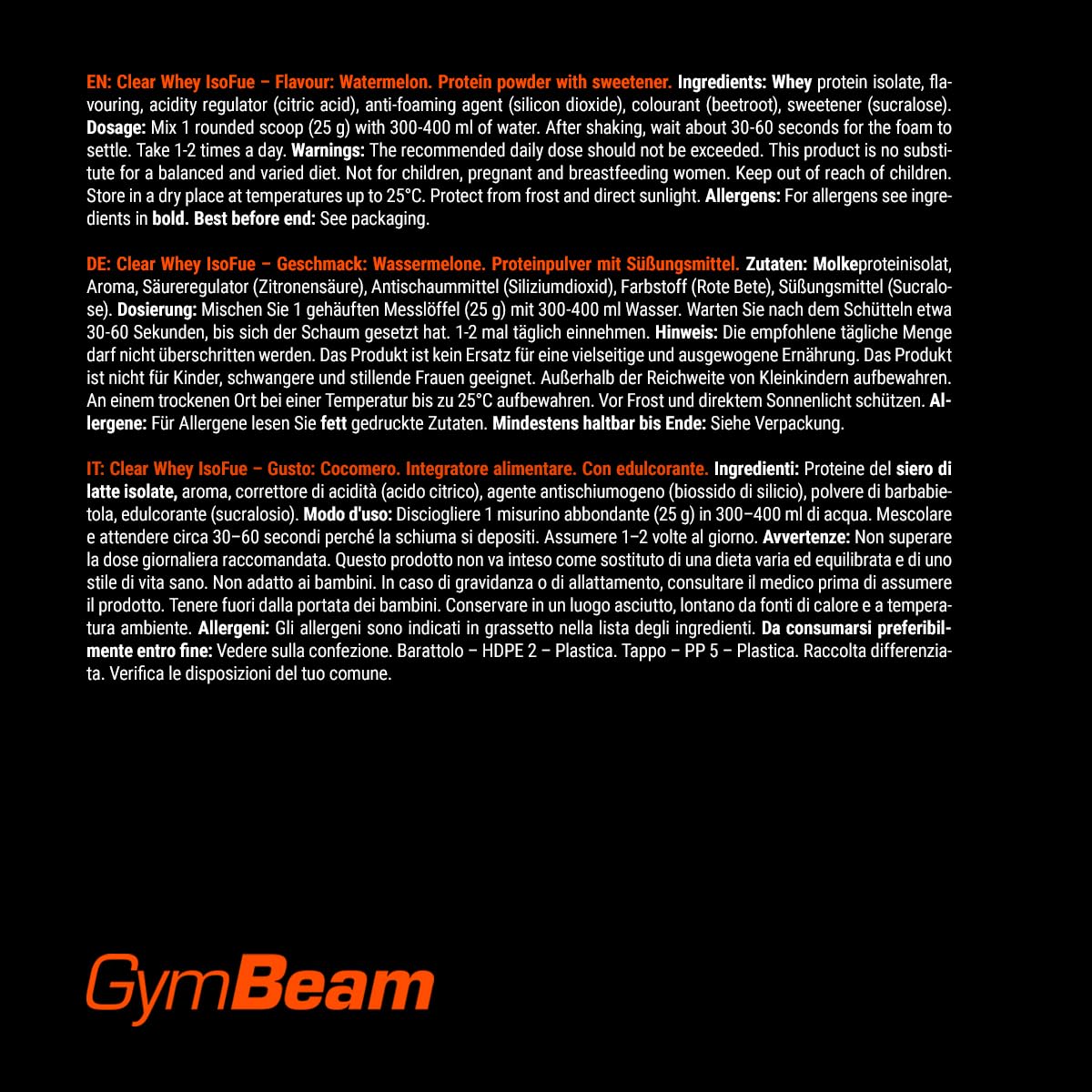 GymBeam Clear Whey isolate 1000 g gusto cocomero 88%