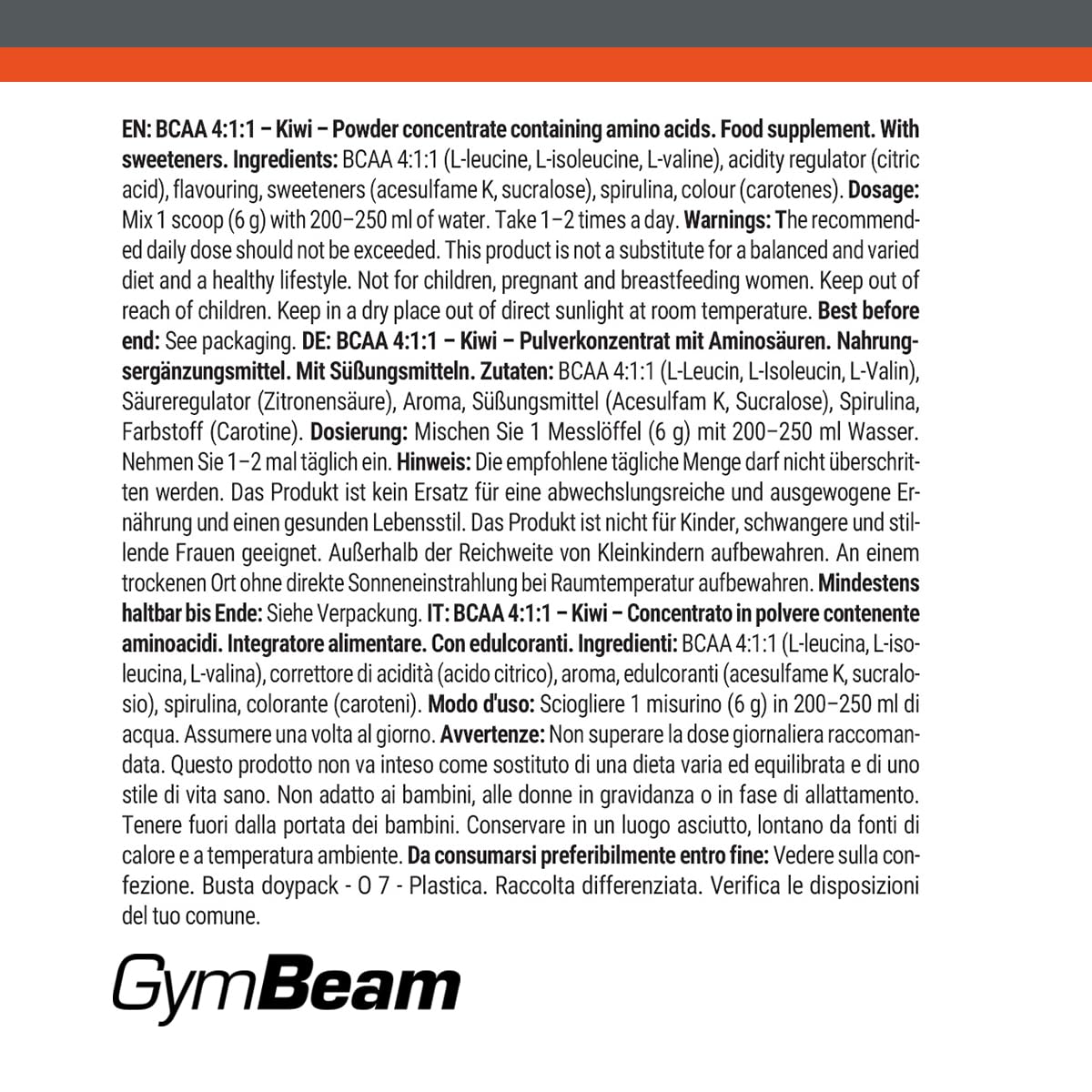 GymBeam BCAA 4:1:1 Polvere Kiwi 250 g