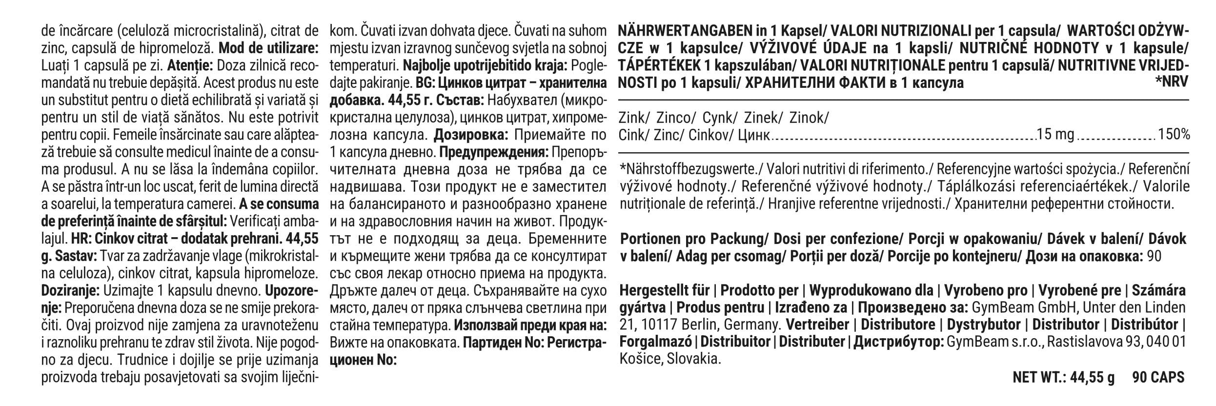 GymBeam Minerali Citrato di Zinco integratore 15 mg capsule vegane