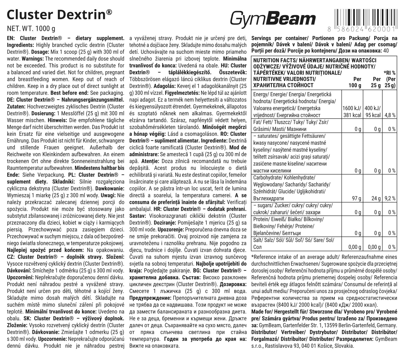 GymBeam Cluster Dextrin 1000 g Polvere Carboidrati HBCD