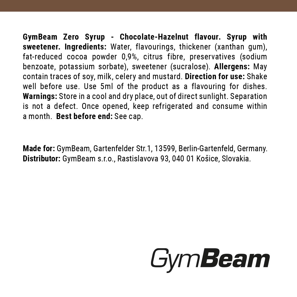 GymBeam Alimentazione Sciroppo ZERO 350 ml Cioccolato Nocciola