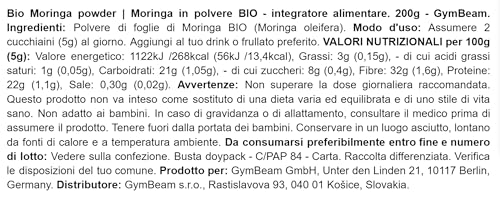 GymBeam Moringa BIO polvere integratore 200g fibre e proteine