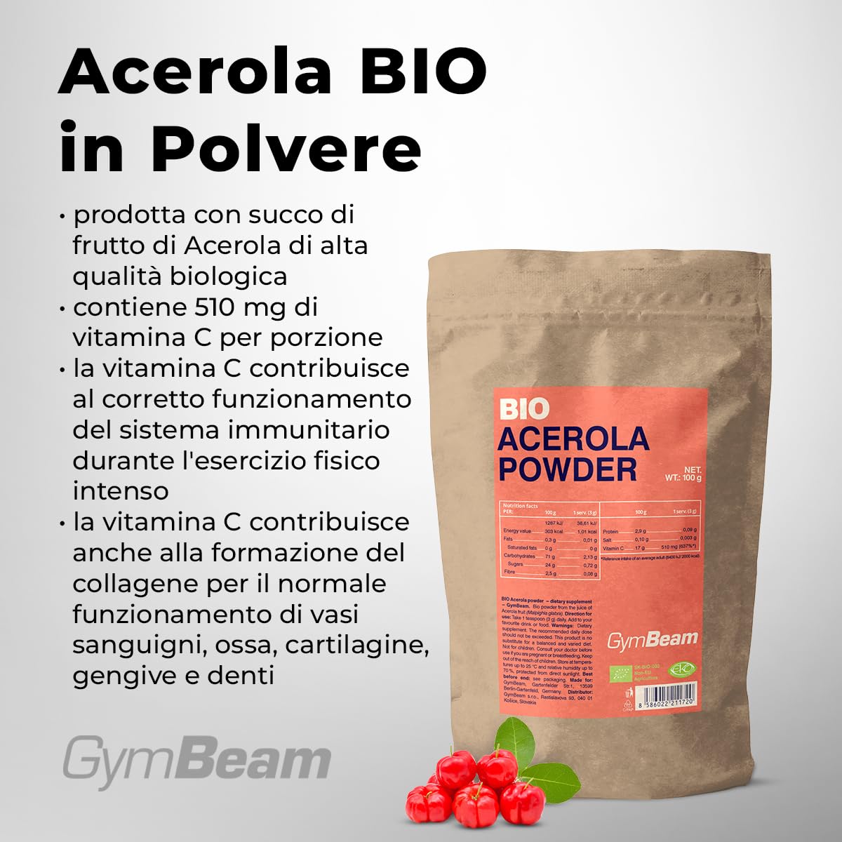 GymBeam Acerola BIO Polvere 100g 510mg Vitamina C