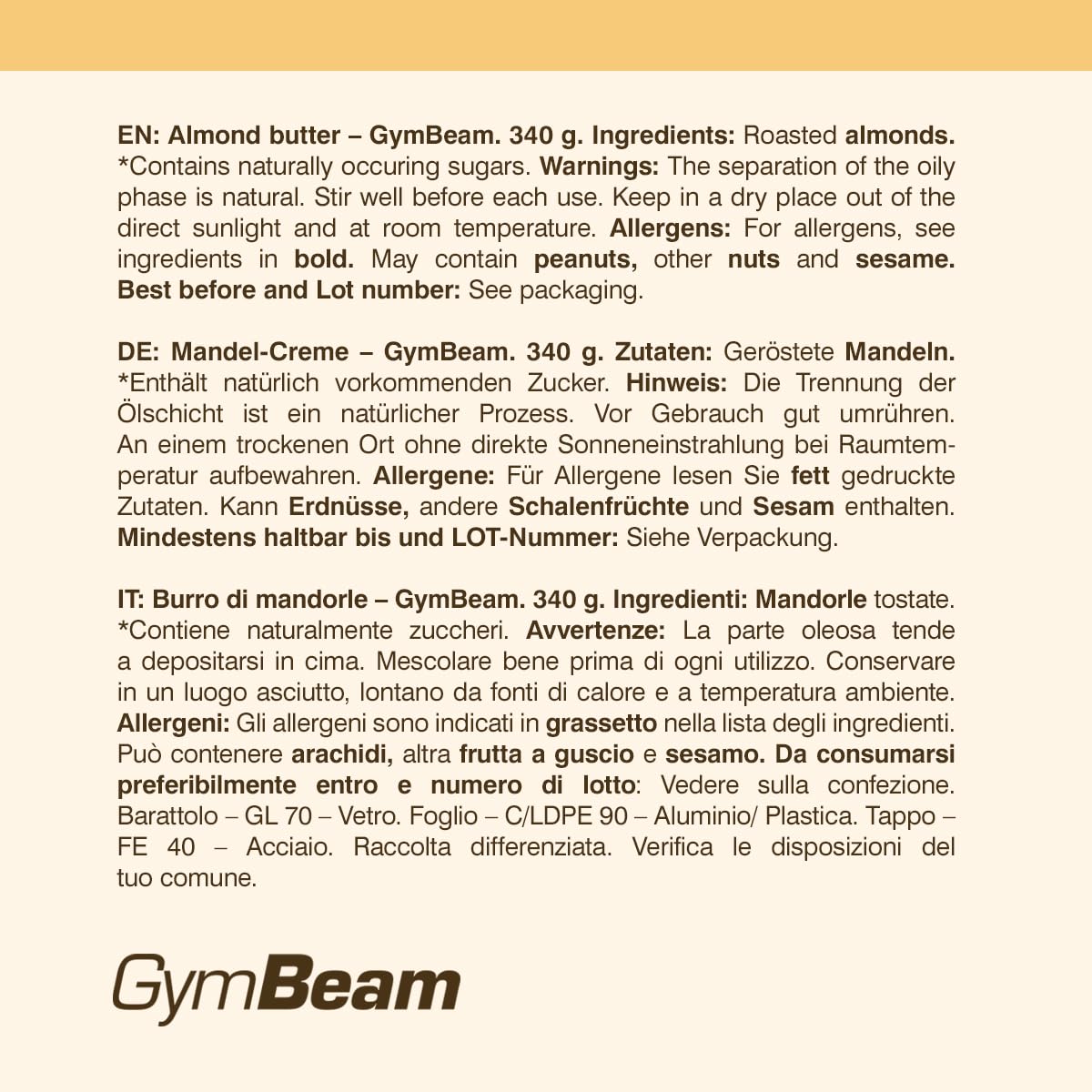 GymBeam Burro di Mandorle crema spalmabile 340 g 100% mandorle