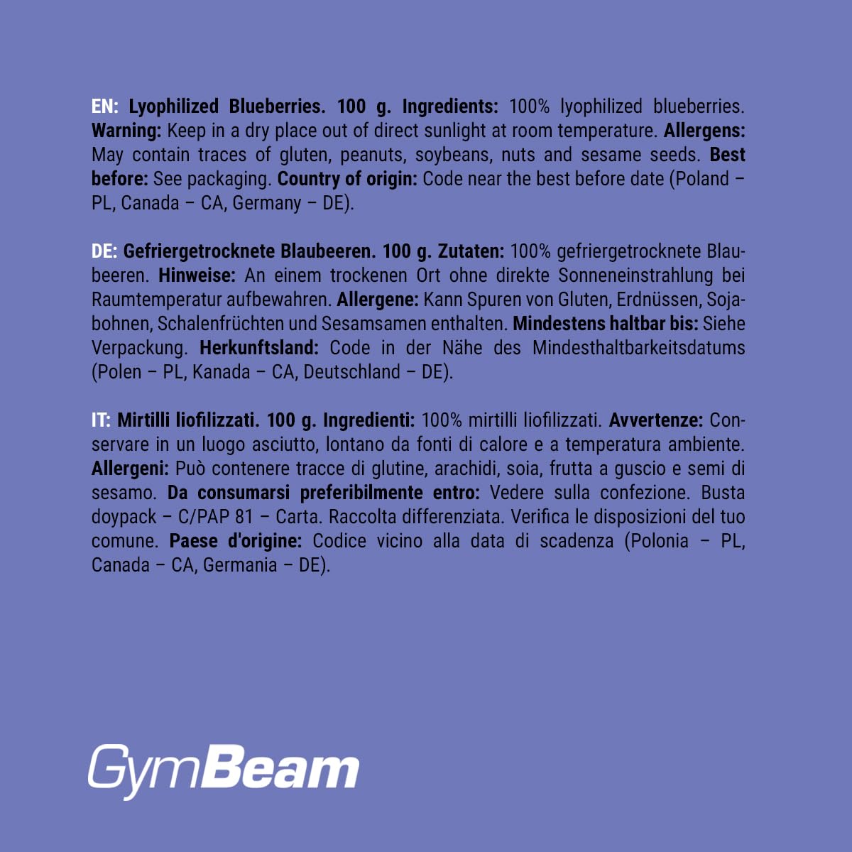 GymBeam Mirtilli Liofilizzati 100 g Snack Senza Zuccheri