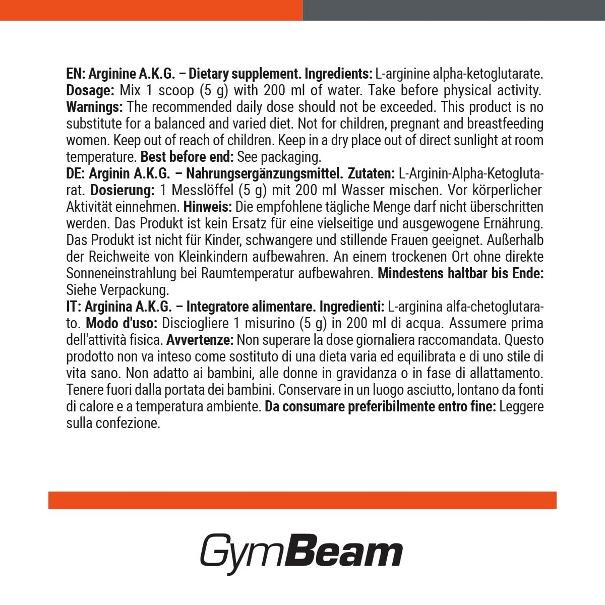 GymBeam Arginina AKG polvere 500 g neutra ossido nitrico