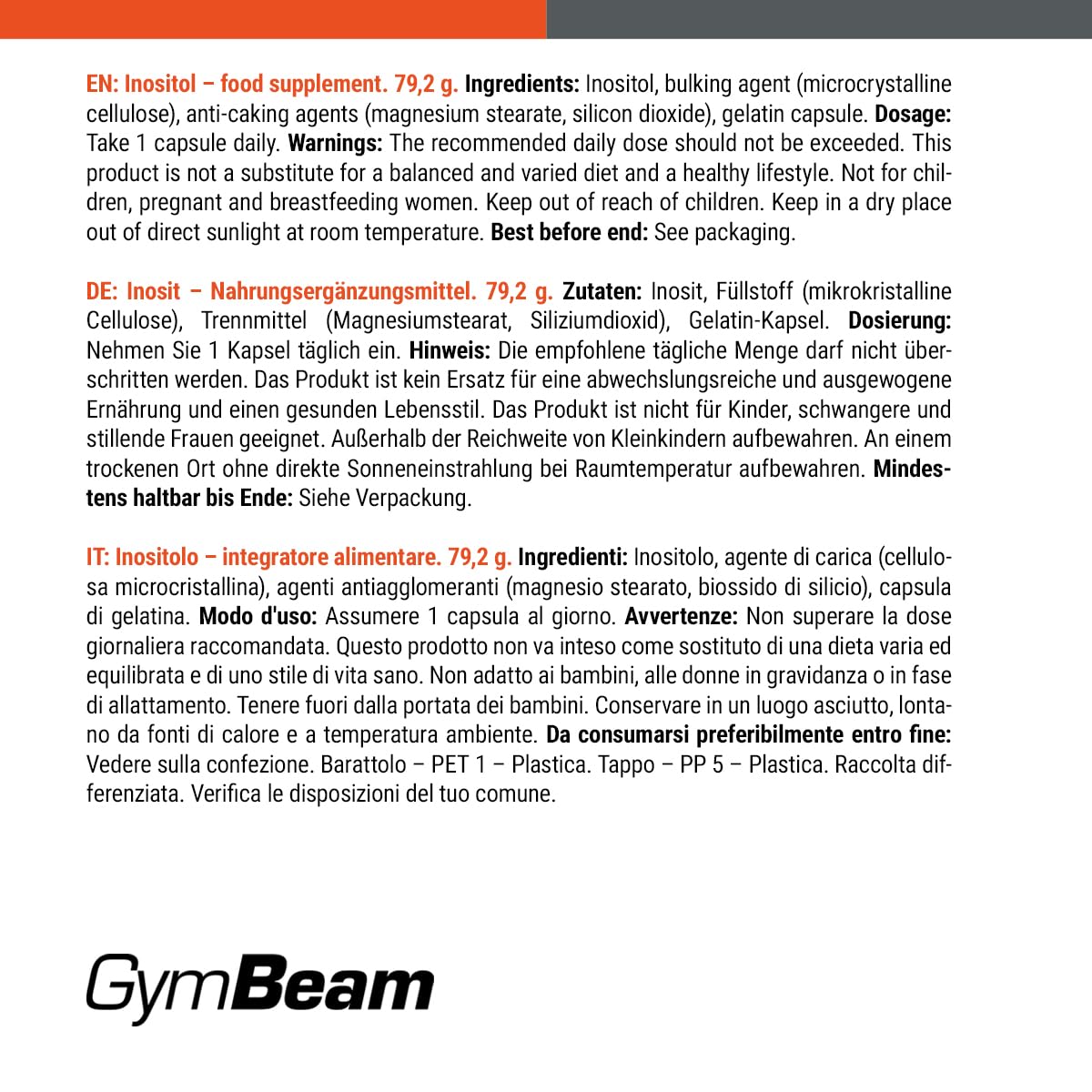 GymBeam Inositolo 500 mg Vitamina B8 120 Capsule Uso Giornaliero