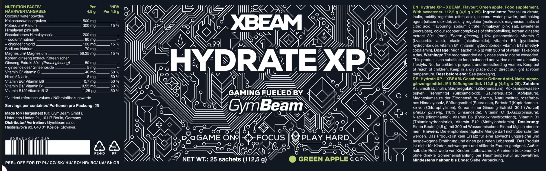 GymBeam XBEAM Hydrate XP Integratore Elettroliti Mela Verde 112,5 g