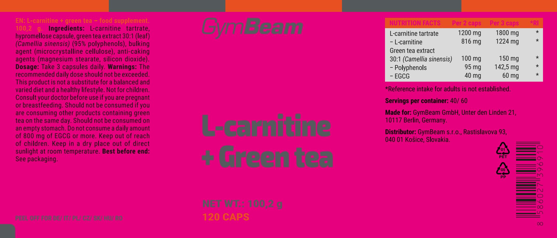 GymBeam L-Carnitina Tè Verde Bruciagrassi 120 Capsule Vegane