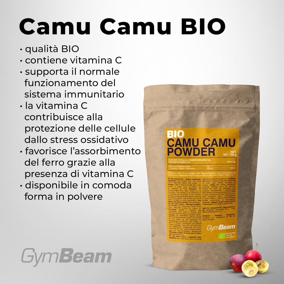 GymBeam Camu Camu BIO Polvere 100 g Vitamina C Antiossidante