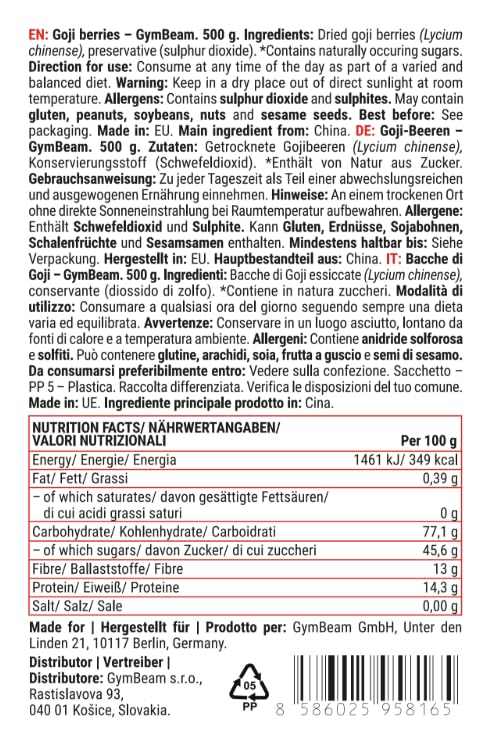 GymBeam Bacche di Goji essiccate 500 g fibre e proteine