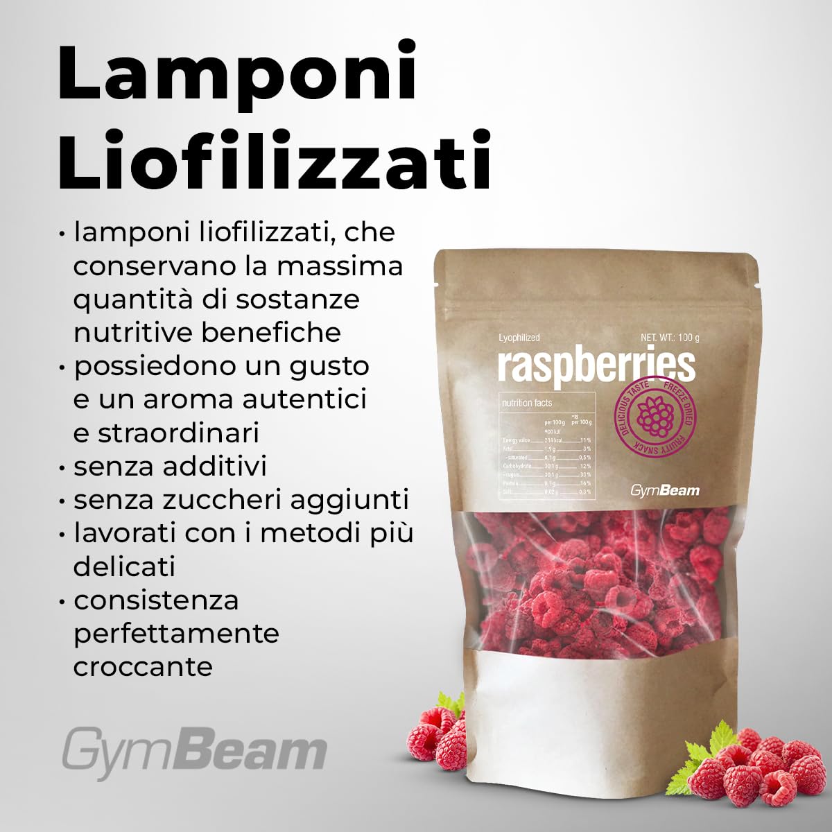 GymBeam Lamponi Liofilizzati Frutta Liofilizzata 100 g Senza Zuccheri