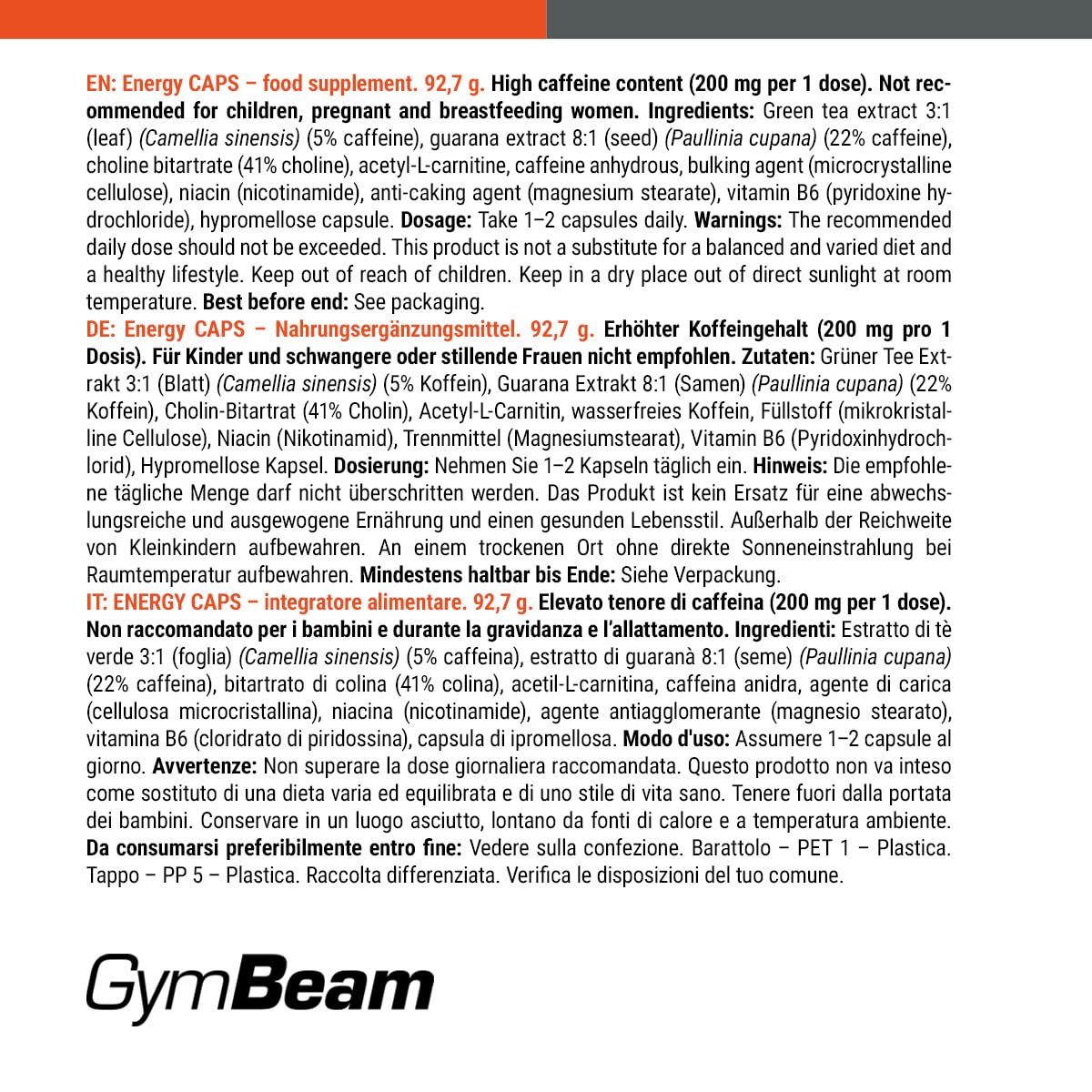 GymBeam Energy CAPS Capsule Caffeina Guaranà 60 Capsule