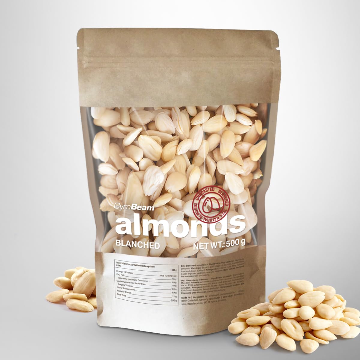 GymBeam Mandorle Pelate 500g Vegane Senza Sale Proteiche
