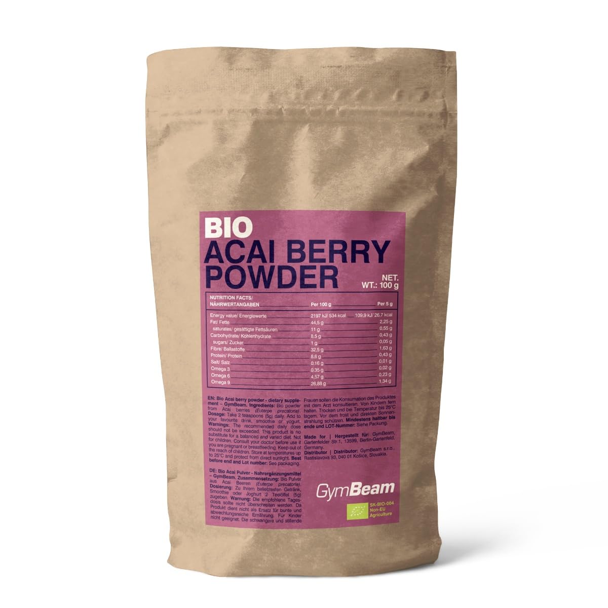 GymBeam Acai BIO Polvere Superfood 100 g Omega Fibre Vegana