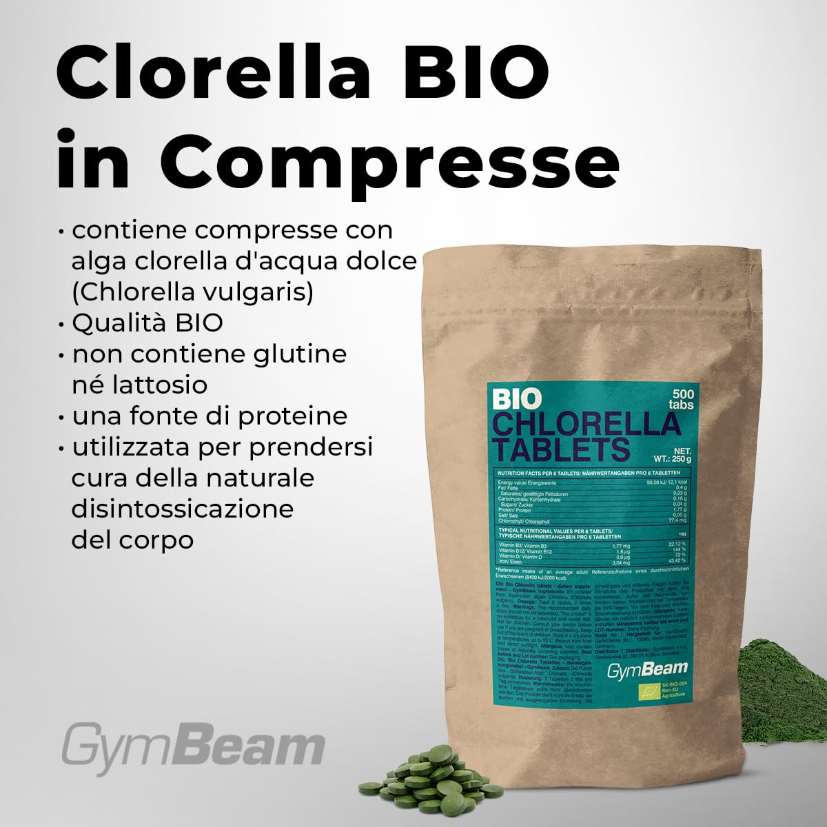 GymBeam Clorella Bio compresse Chlorella 500 tabs detox