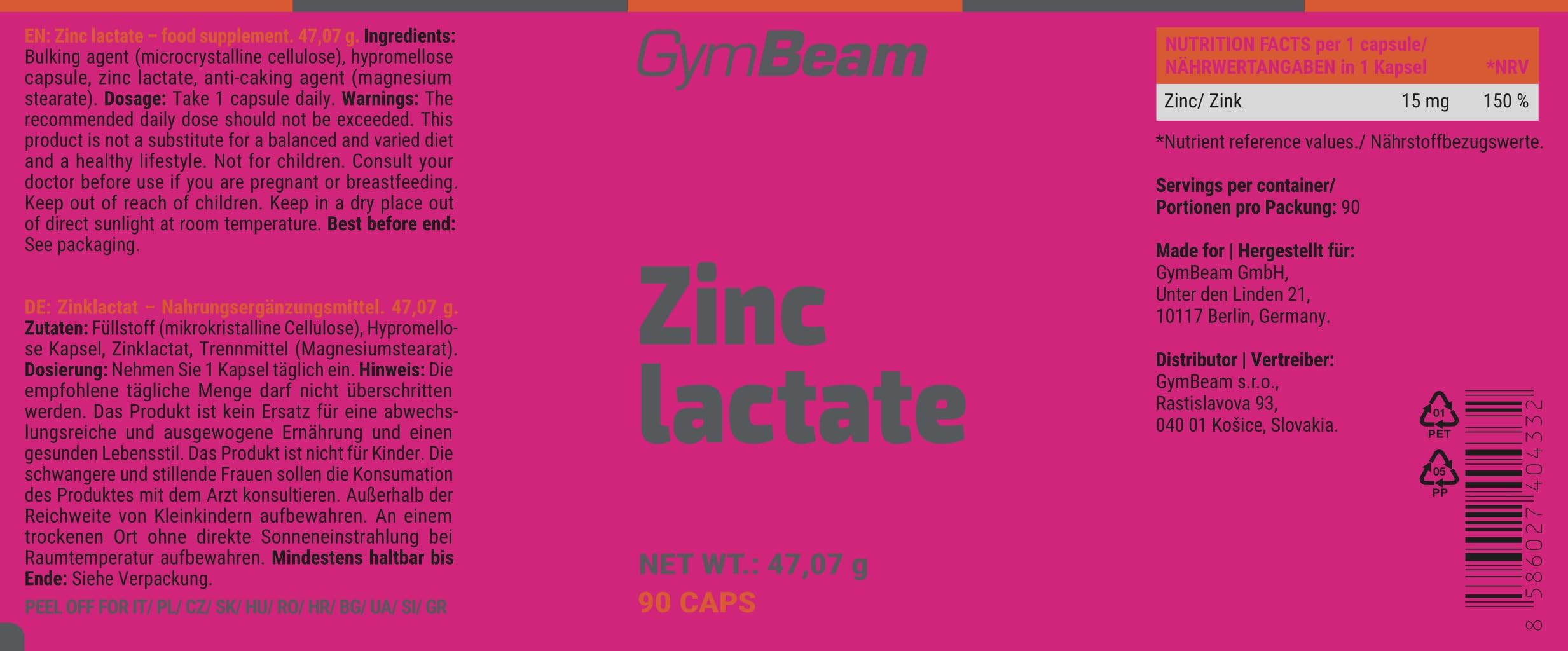 GymBeam Lattato di Zinco Capsule Vegane 15 mg