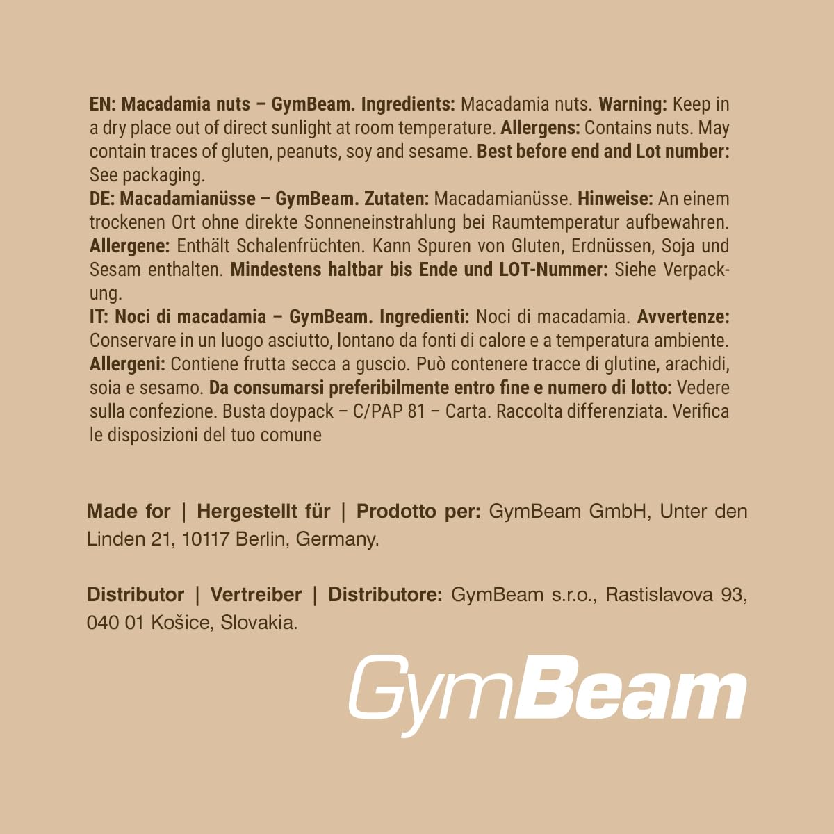 GymBeam Noci di Macadamia Intere Non Salate 500g Snack Vegano