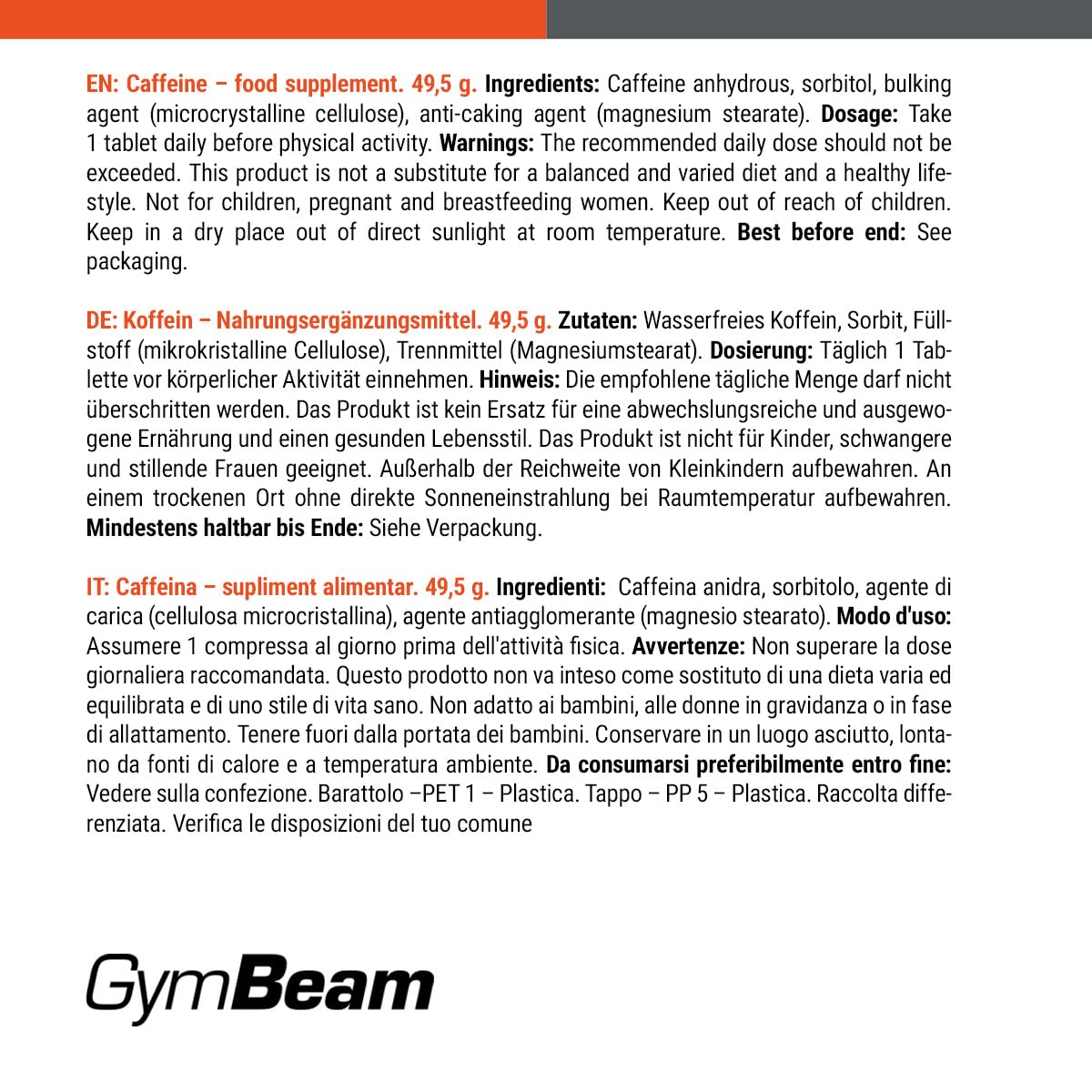 GymBeam Caffeina Integratore Compresse 90 pz Pre-Workout